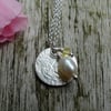 Textured recycled silver pendant with freshwater pearl and tiny citrine
