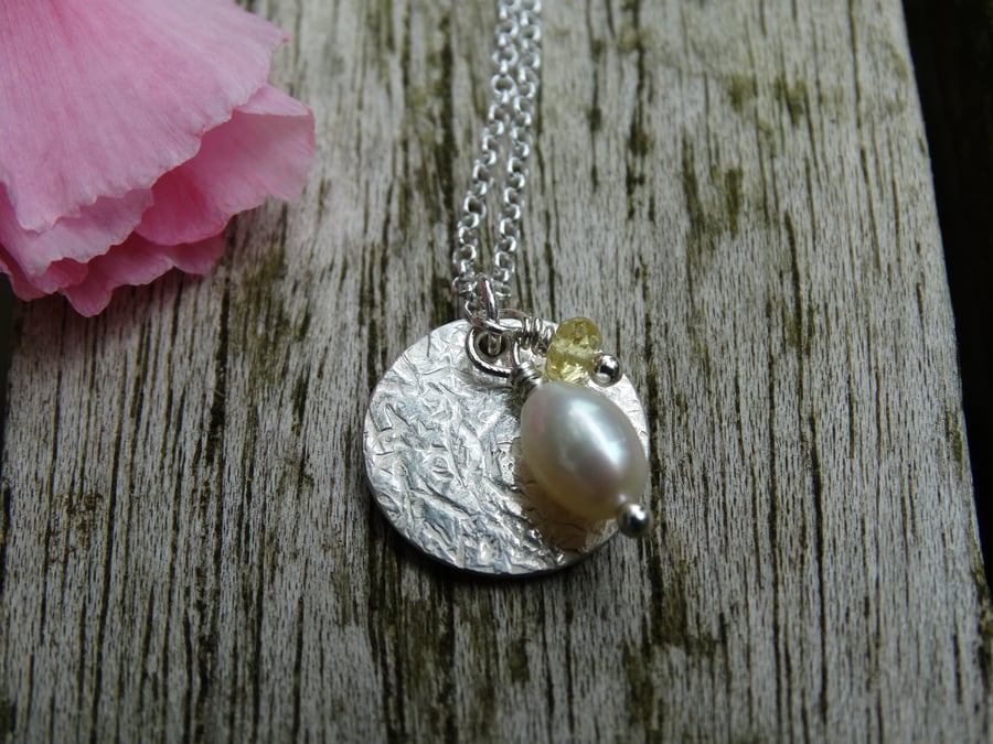 Textured recycled silver pendant with freshwater pearl and tiny citrine