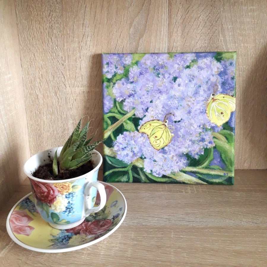 Lilacs & Brimstone butterflies original painting on canvass
