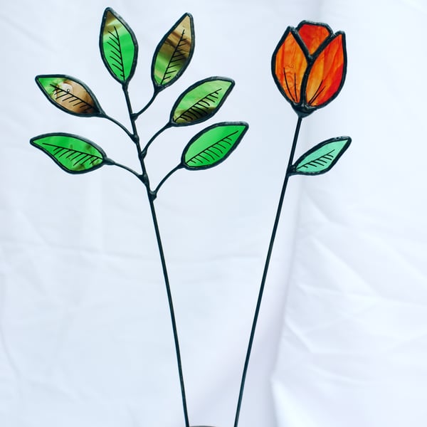 Stained Glass Tulip with Leaf Foliage - Handmade Gift - 2 items
