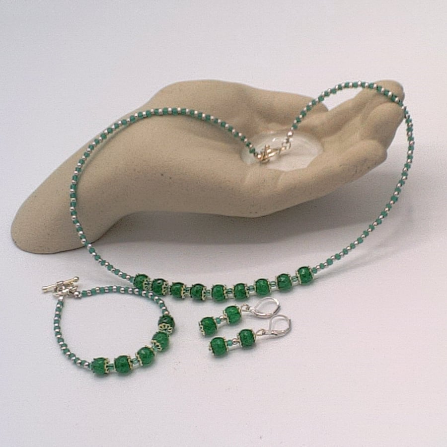 Green Dyed Jade Silver Bead Caps and Spacers Necklace Bracelet and Earrings Set