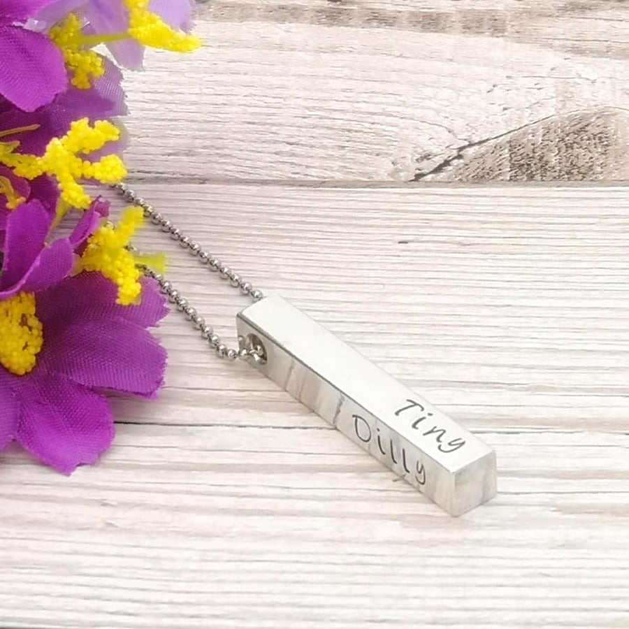 Personalised Bar Necklace - Four Sided Square Bar - Personalised Four Name Word 