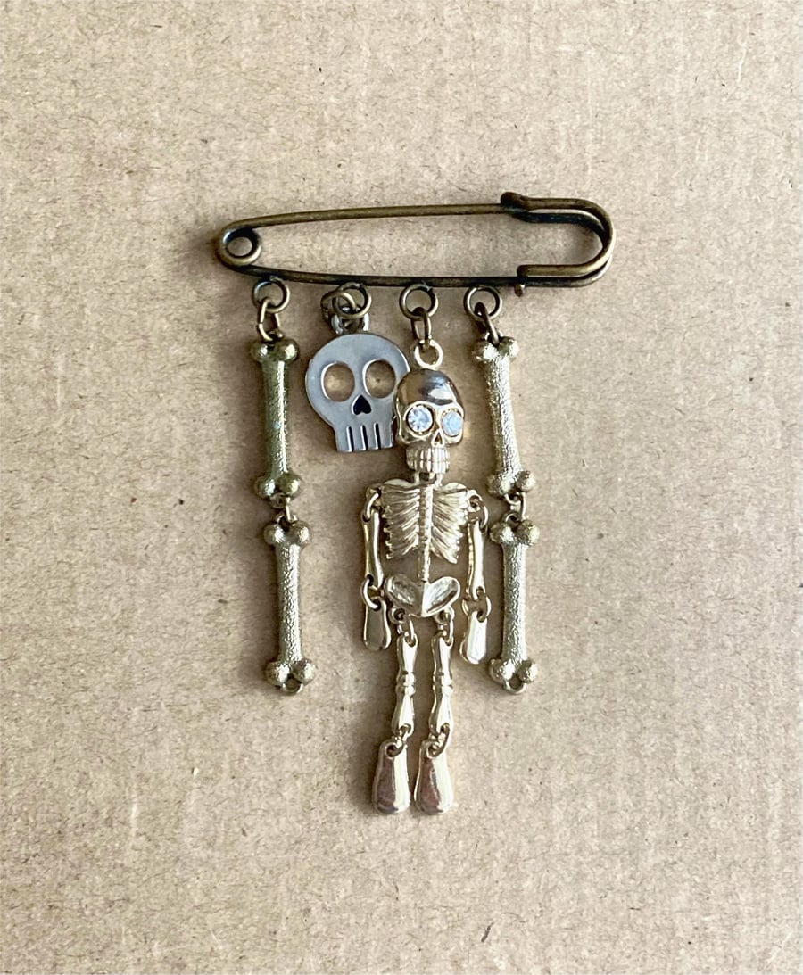 Upcycled Mini Rhinestone Golden Skeleton and Skull And Cross Bone Charm Pin