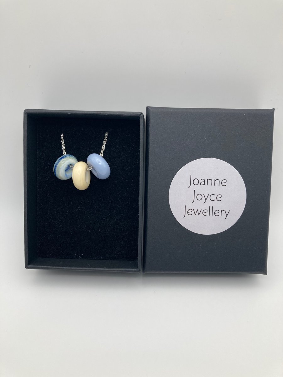 Sterling silver chain, blue lampwork glass necklace