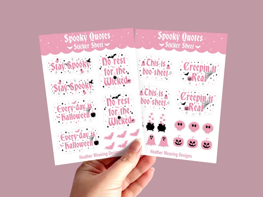 Spooky Quote Halloween Sticker Sheets, Pink Goth Planner.