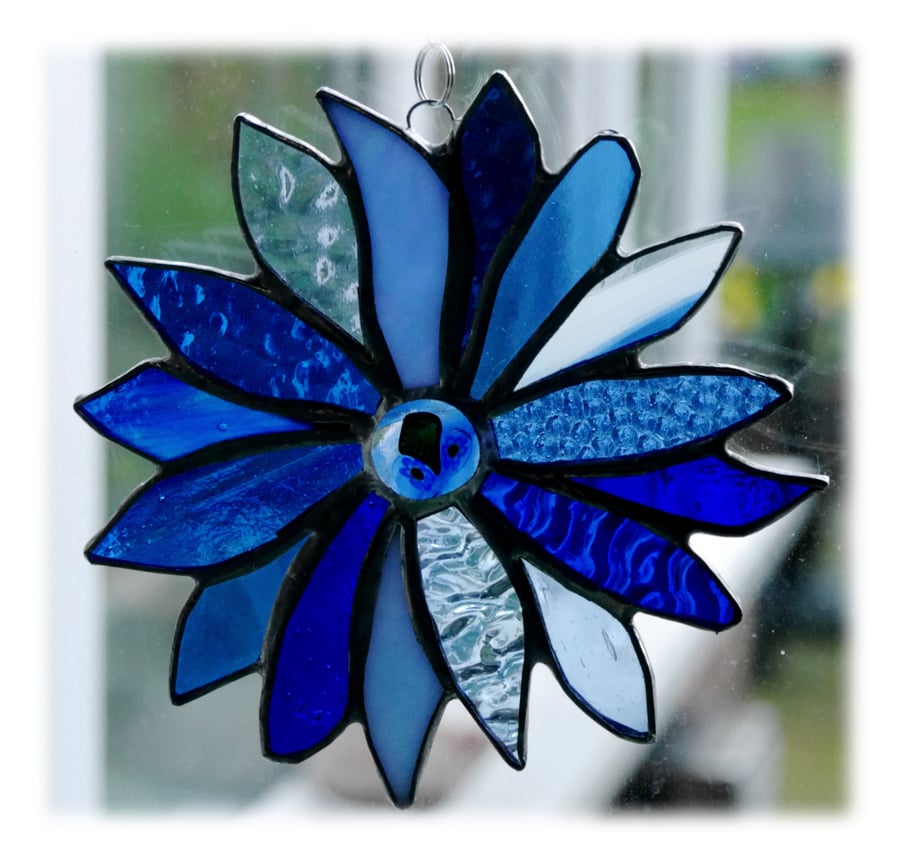Winter Blues Flower Stained Glass Suncatcher Handmade 005