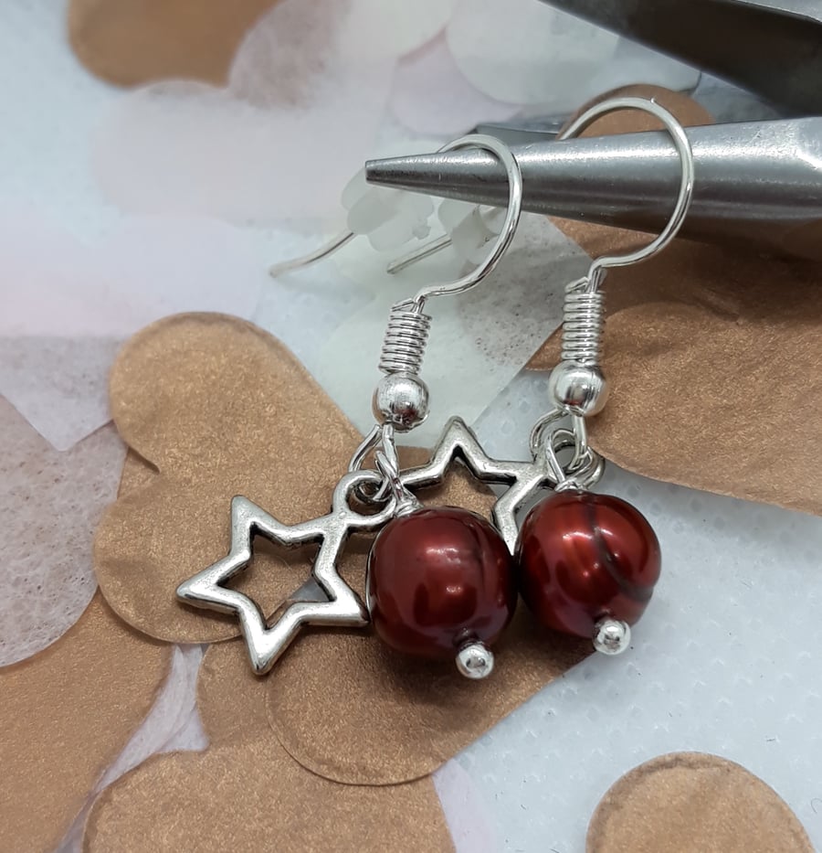 ER271 Reddish brown fresh water pearl drops with star.