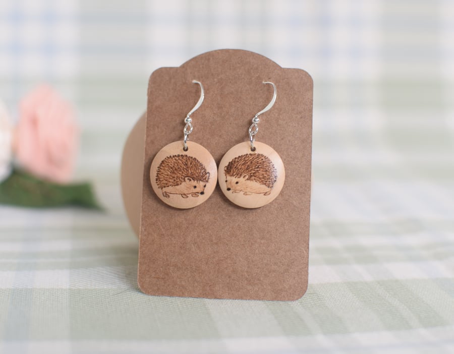 RESERVED THOMPSON  Pyrography Silver Plated Hedgehog Drop Earrings 