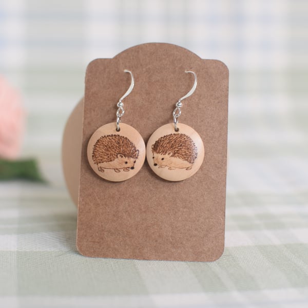 RESERVED THOMPSON  Pyrography Silver Plated Hedgehog Drop Earrings 