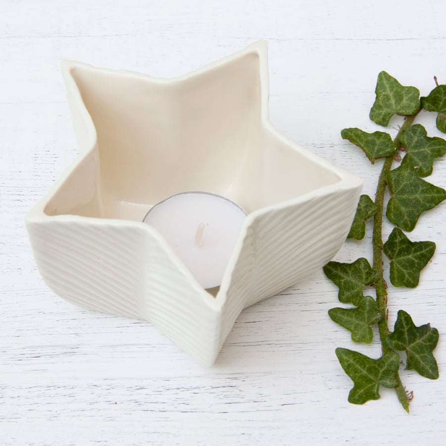 Porcelain tealight holder - handmade porcelain white ceramic star candle holder