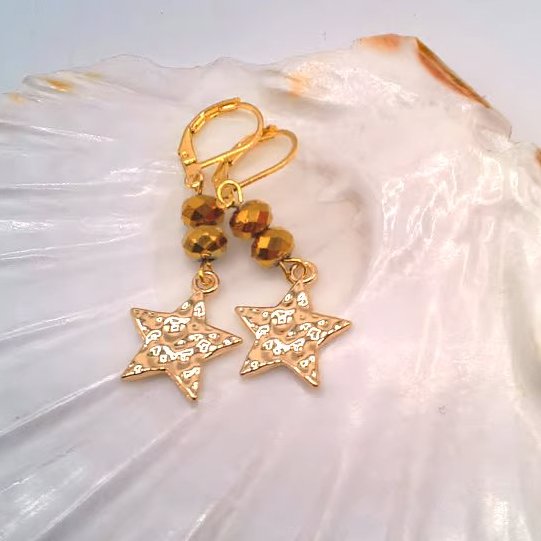 Gold Plated Hammered Star Earrings with Gold Crystal Rondelles, Gift for Her