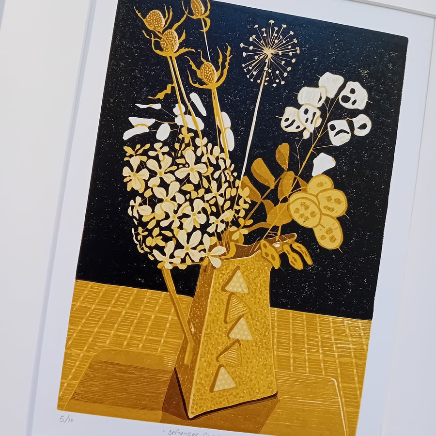 Linocut September Gold Original Limited edition Linoprint