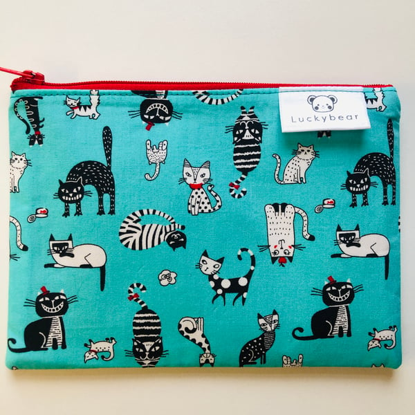 Jade green cat print pouch, fun cat pouch, gift for cat lover, small pouch