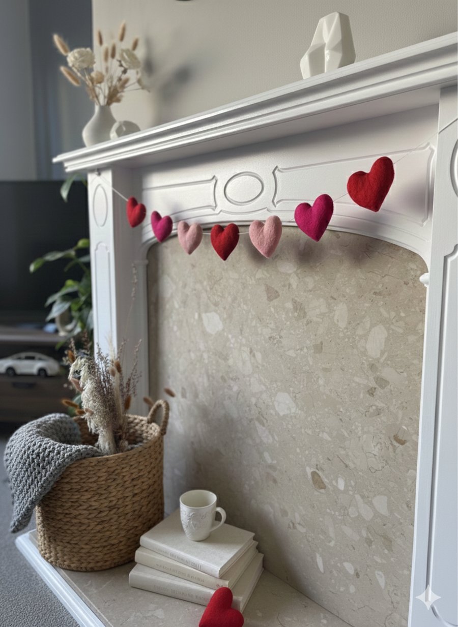 Felt Heart Garland – Valentine’s Day Decoration, Handmade Heart Bunting, Pink & 