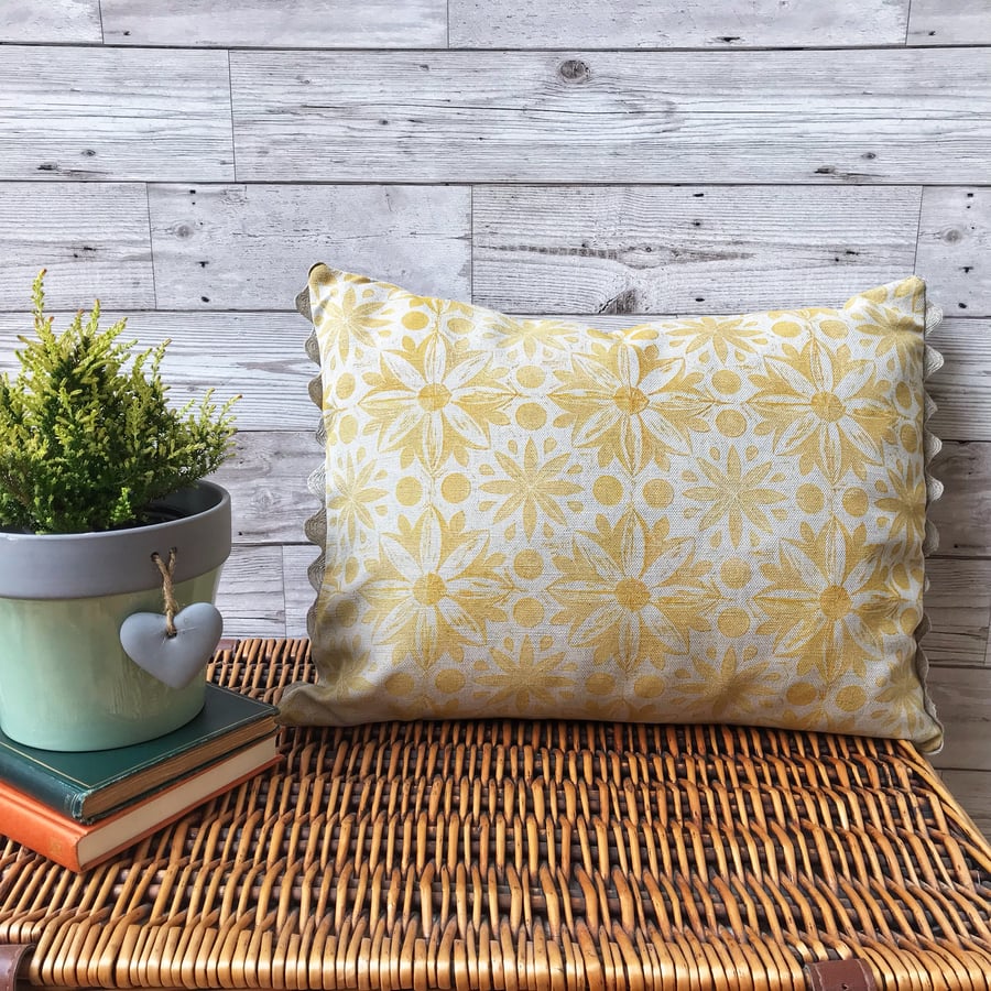 Hand Printed Linen Cushion - RUNA - Ochre Yellow