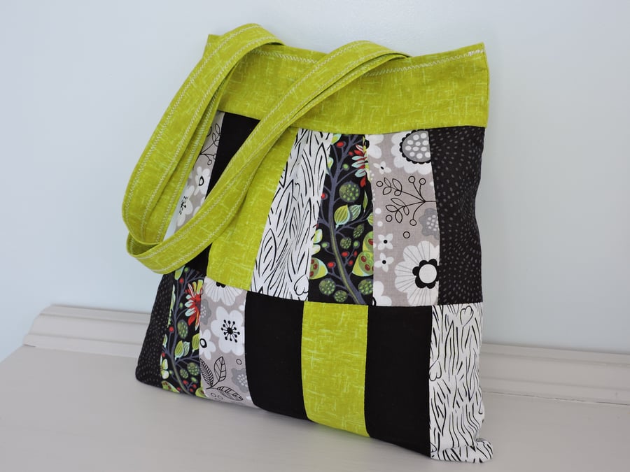  50% off Sale Patchwork Handbag, Tote Bag in Black White and Lime