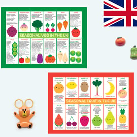 UK Seasonal Fruit and Vegetables Charts - Kawaii Fridge Magnets or Postcards