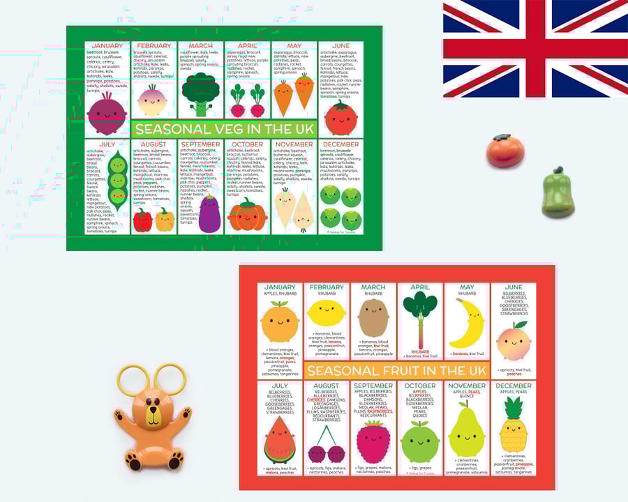 UK Seasonal Fruit and Vegetables Charts - Kawaii Fridge Magnets or Postcards