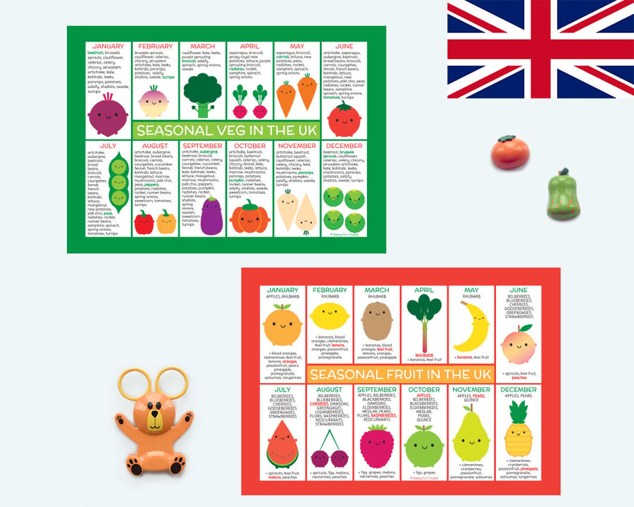 UK Seasonal Fruit and Vegetables Charts - Kawaii Fridge Magnets or Postcards