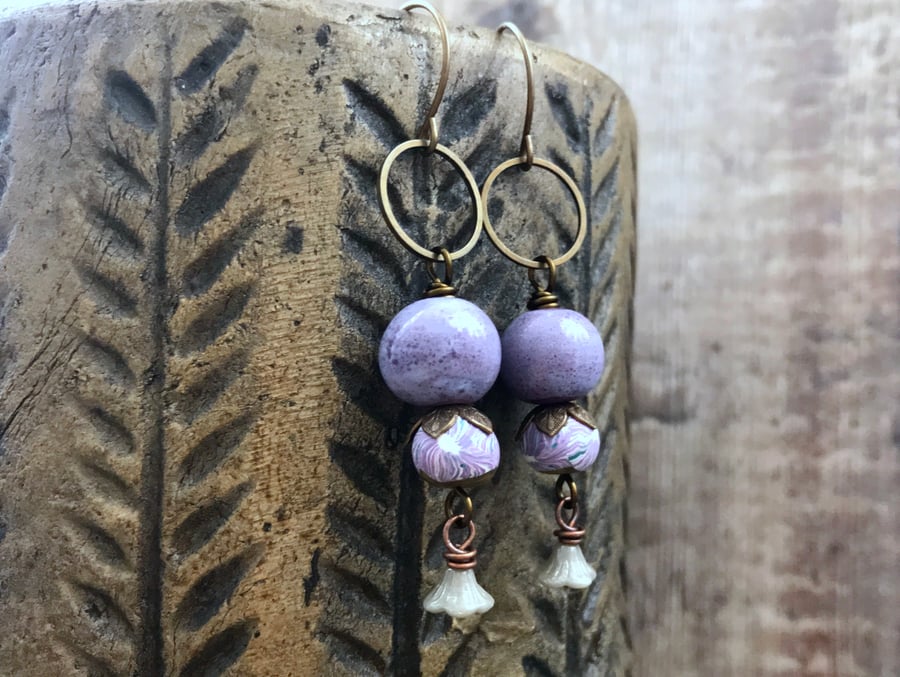 Bohemian Style Purple & Grey Earrings. Romantic Earrings. Mixed Media Earrings