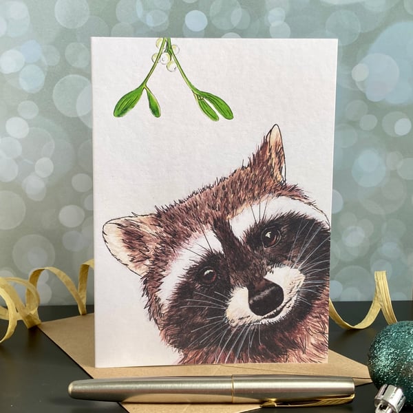 Raccoon Christmas Card. Racoon handmade Christmas card.