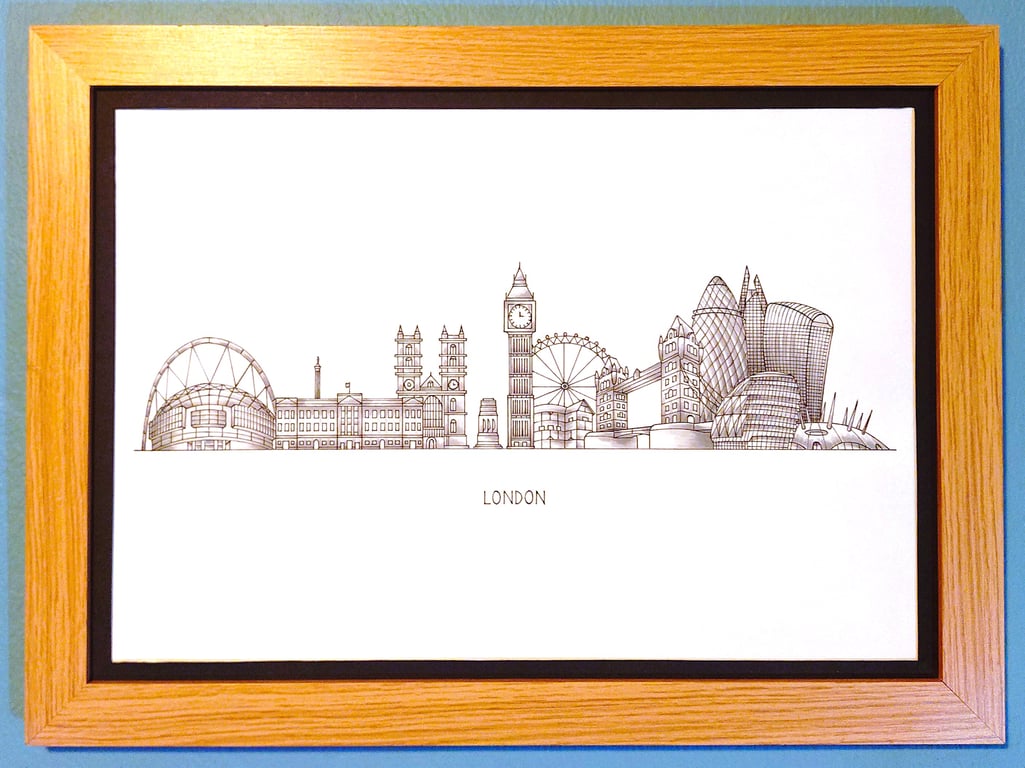 London Cityscape Handmade Unique Framed A3 Print Black Border Wallart Gift