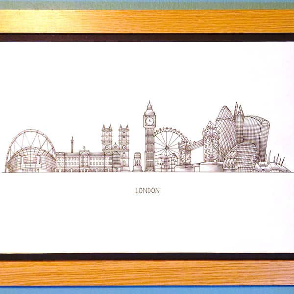 London Cityscape Handmade Unique Framed A3 Print Black Border Wallart Gift