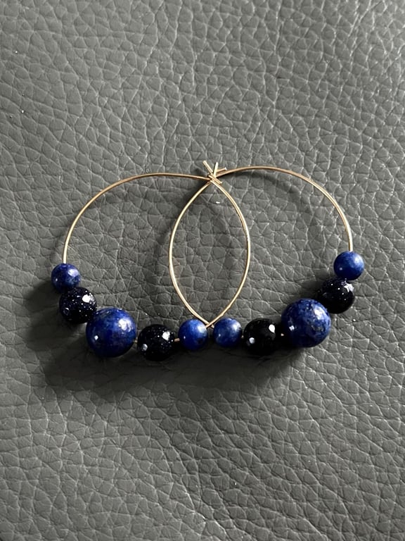 Handmade Gold Hoop Earrings with Lapis Lazuli 