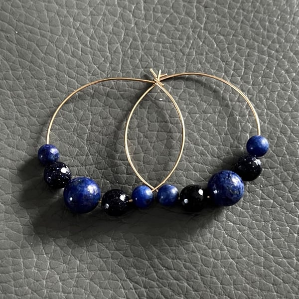 Handmade Gold Hoop Earrings with Lapis Lazuli 