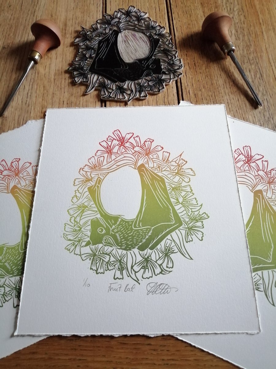 Fruit Bat Flying Fox Rainbow Lino Print