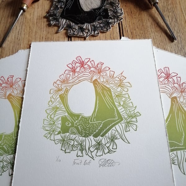 Fruit Bat Flying Fox Rainbow Lino Print