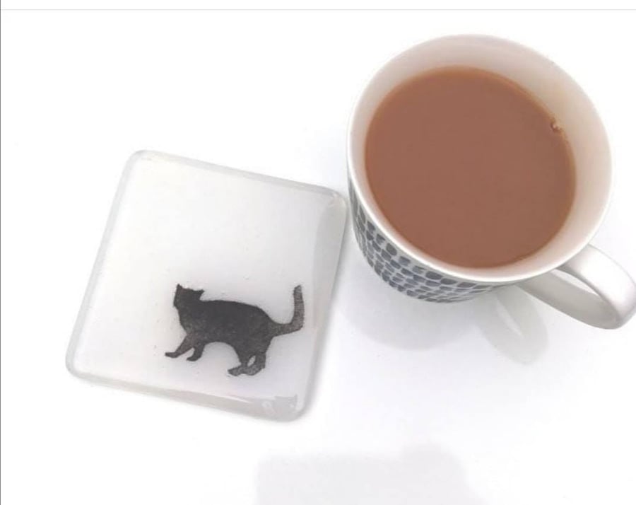 Fused Glass Cat Coaster, Glass Tile, Cat