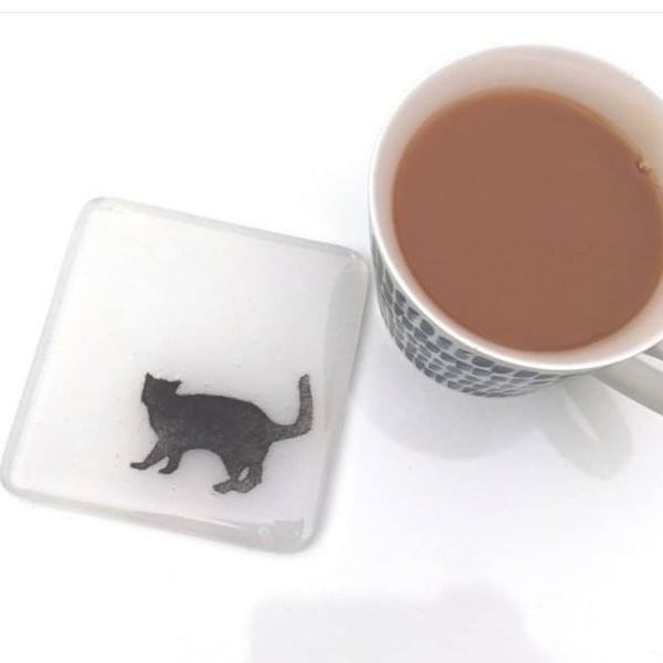 Fused Glass Cat Coaster, Glass Tile, Cat