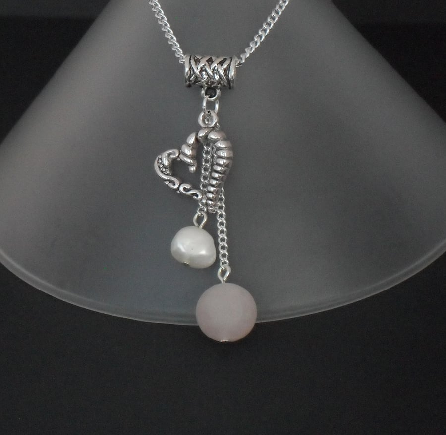 Pearl & pale pink rose quartz heart charm necklace
