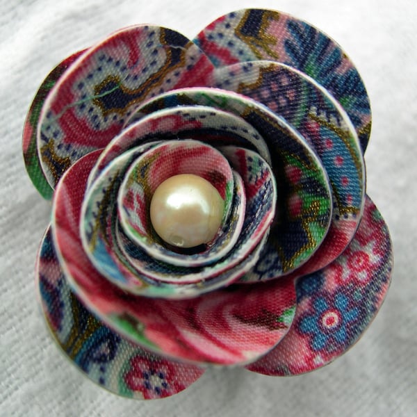 Hardened Paisely Fabric Rose Brooch