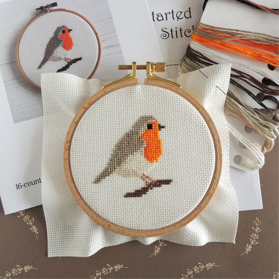 Robin cross stitch kit, small bird design
