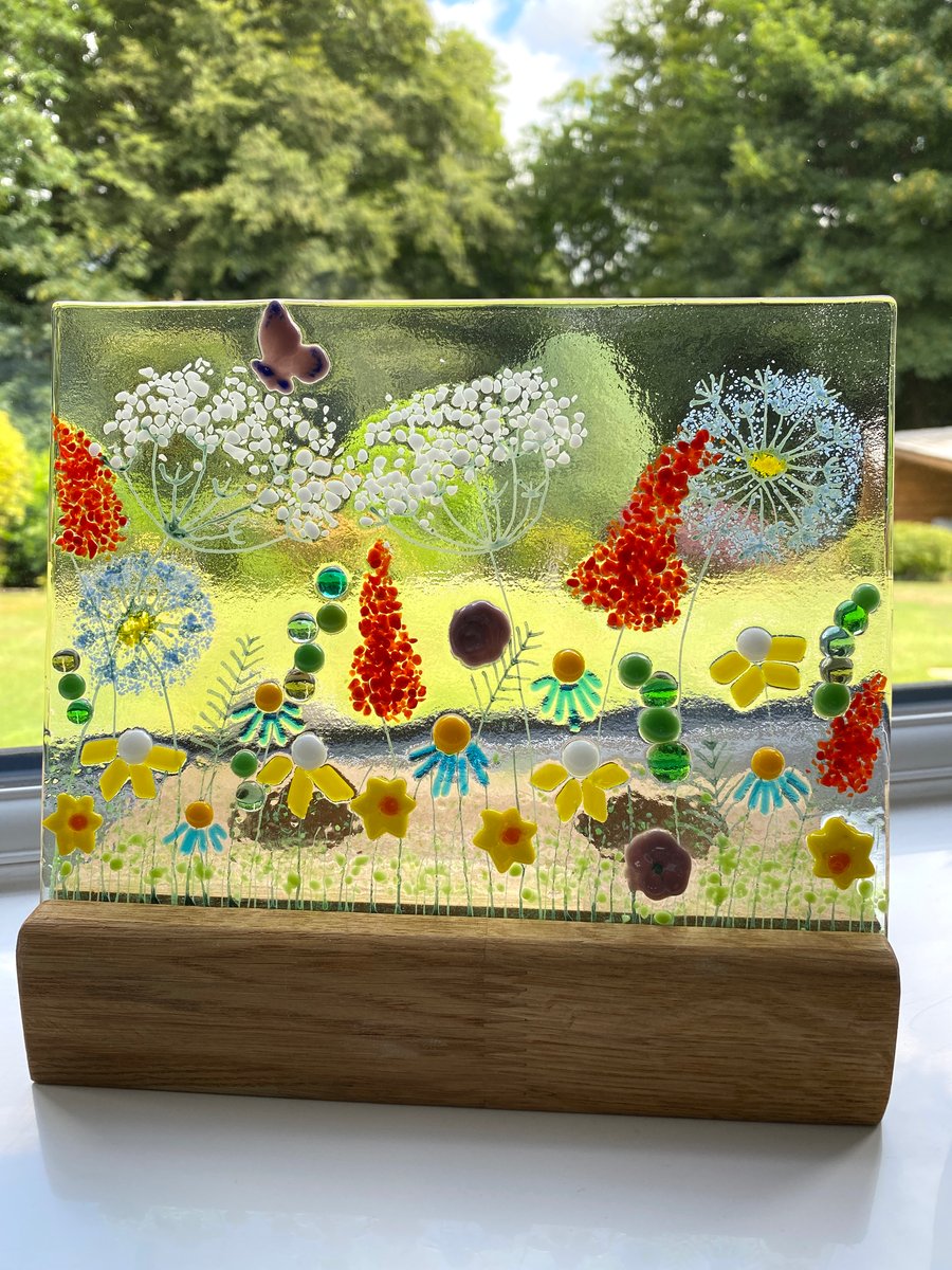 Floral fused glass art panel - wild flowers