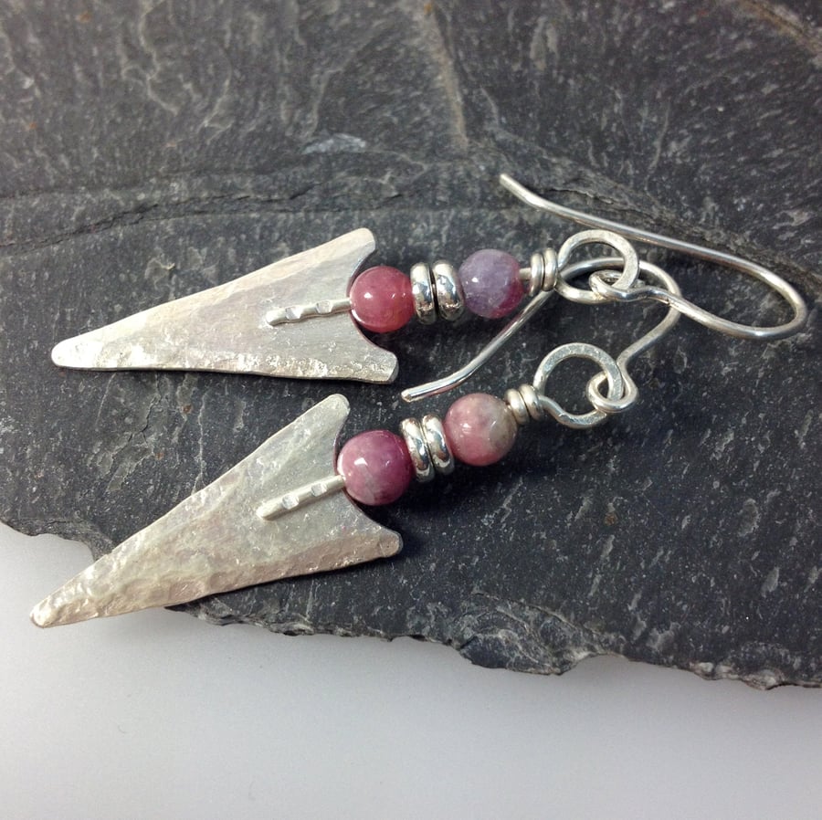 Pink tourmaline and silver arrowhead tribal earrings