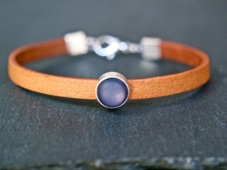 Leather bracelet - tan blue silver beige