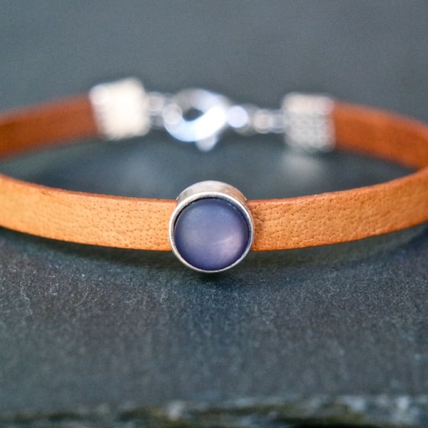 Leather bracelet - tan blue silver beige