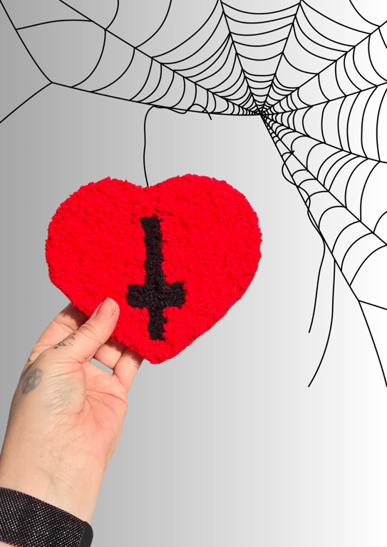 Red Heart Punch Needle with Cross Gothic Desk Rug Mug Rug or Mouse Mat 