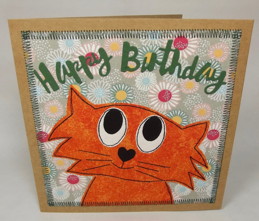 Happy Birthday  Fabric Cat Greeting Card