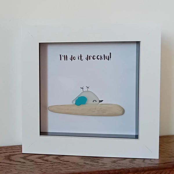 Sea Glass Bird Framed Art: Cornish dialect: 'I'll do it Dreckly' 