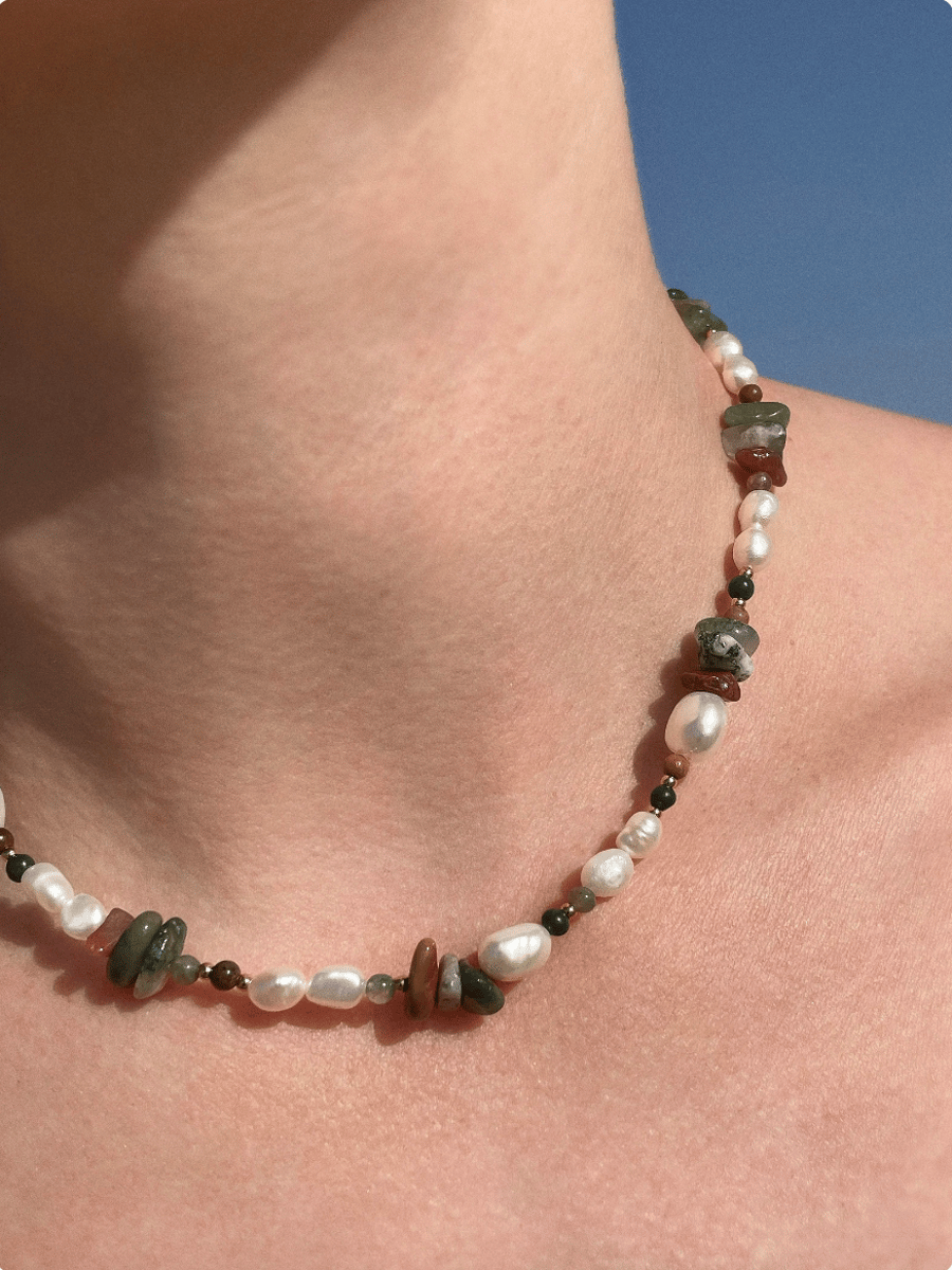 Handmade freshwater pearls and natural Indian agate stone necklace, gift for her
