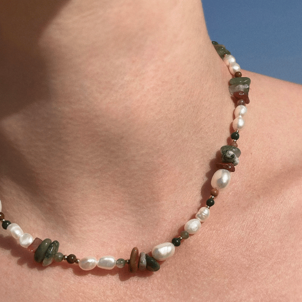 Handmade freshwater pearls and natural Indian agate stone necklace, gift for her