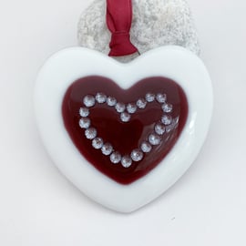 Fused Glass White and Burgundy Heart - Handmade Glass Decoration