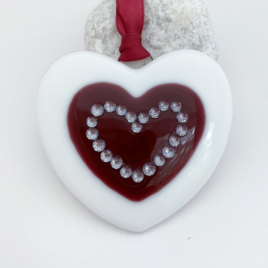 Fused Glass White and Burgundy Heart - Handmade Glass Decoration