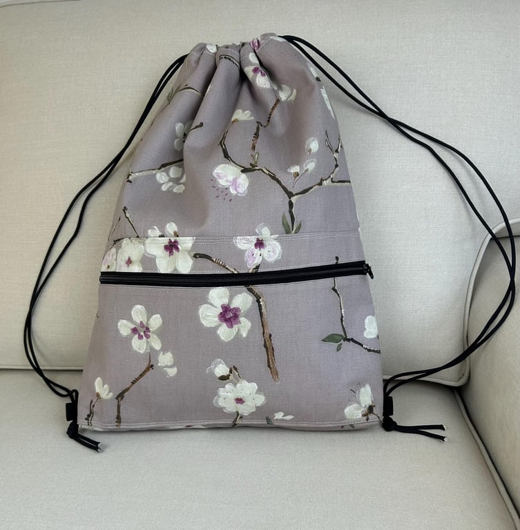 Cherry Blossom Drawstring Backpack, Botanical Print Cotton Sack