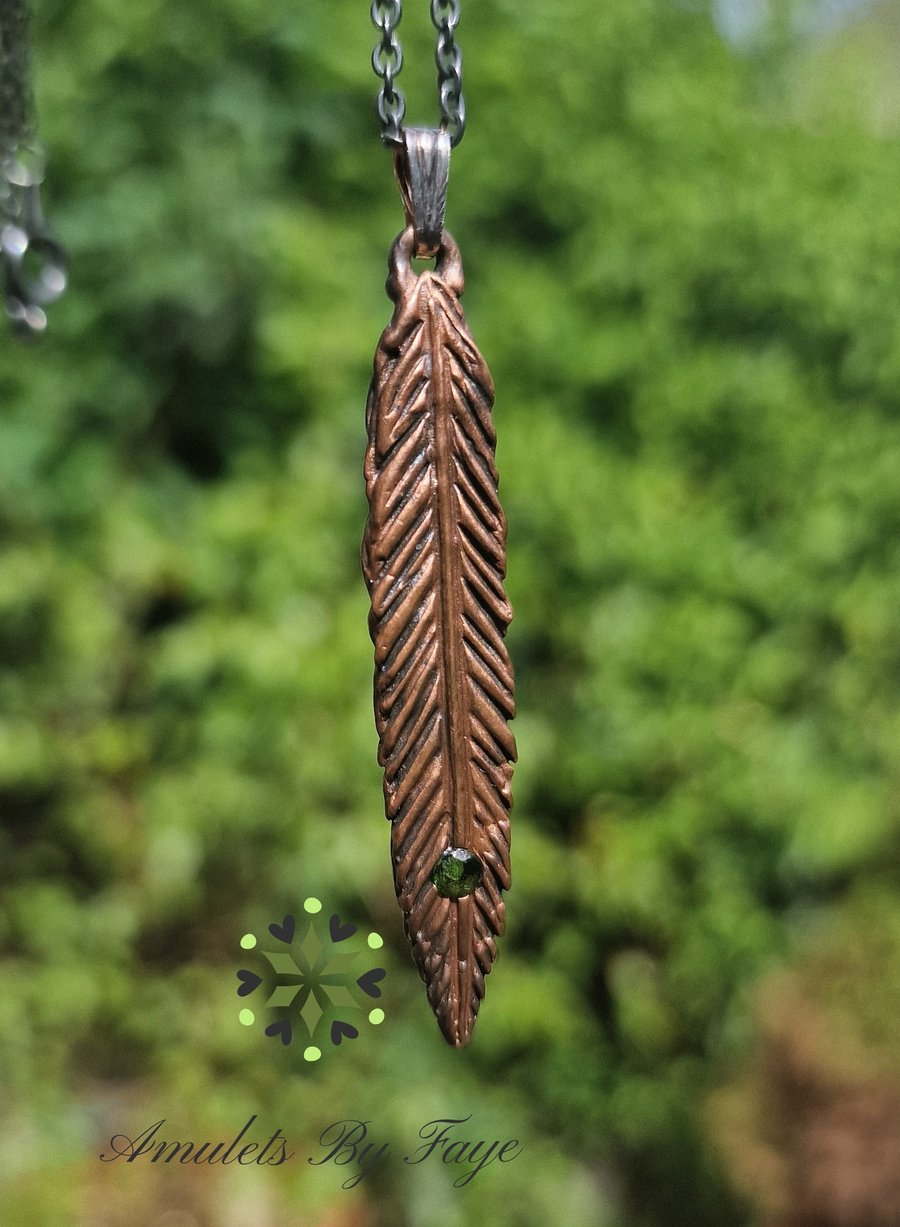 Recycled Copper Feather Pendant with Green Chrome Diopside Gemstone Necklace.