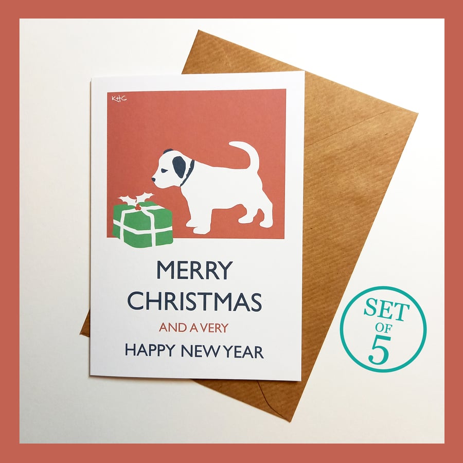 Set of 5 Vintage Style Dog and Gift Christmas Cards with Kraft Envelopes